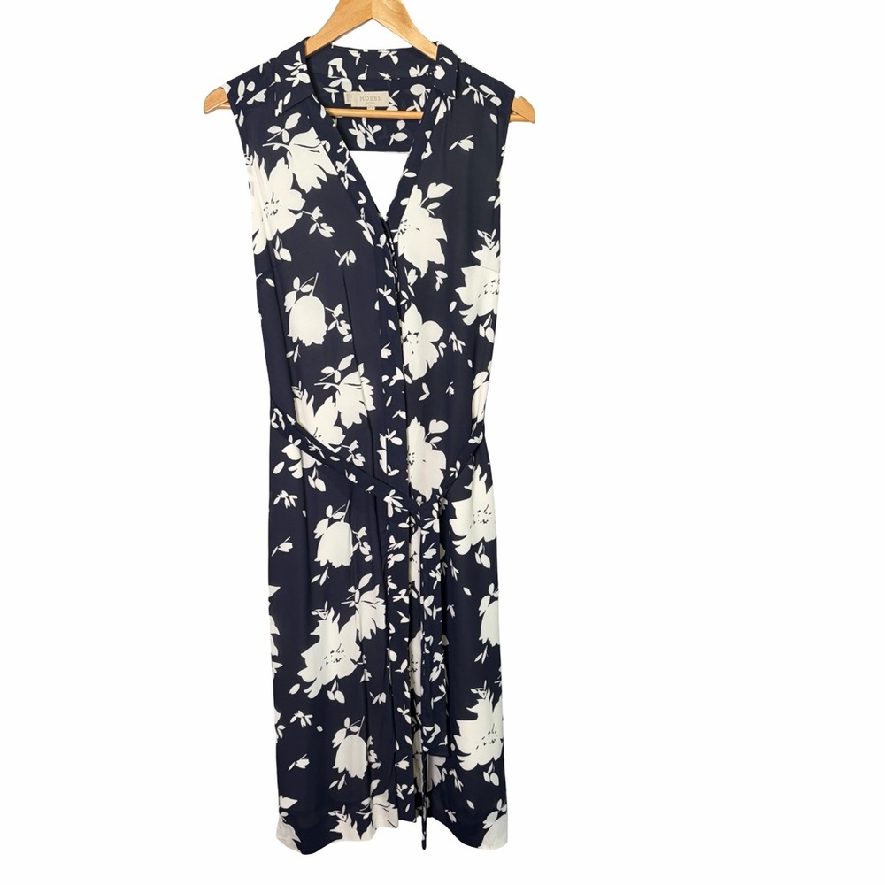 Hobbs London Sleeveless Floral Midi Dress in Navy and White, US 6